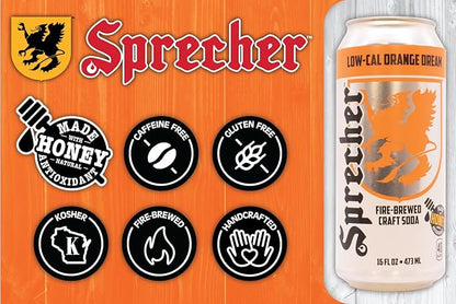 Sprecher Low-Cal Orange Dream Soda, Fire-Brewed Diet Soda with Real Honey, Handcrafted Orange Soda, Reduced Calorie, Caffeine-Free Gourmet Beverage – 16 fl oz Cans (12 Pack)