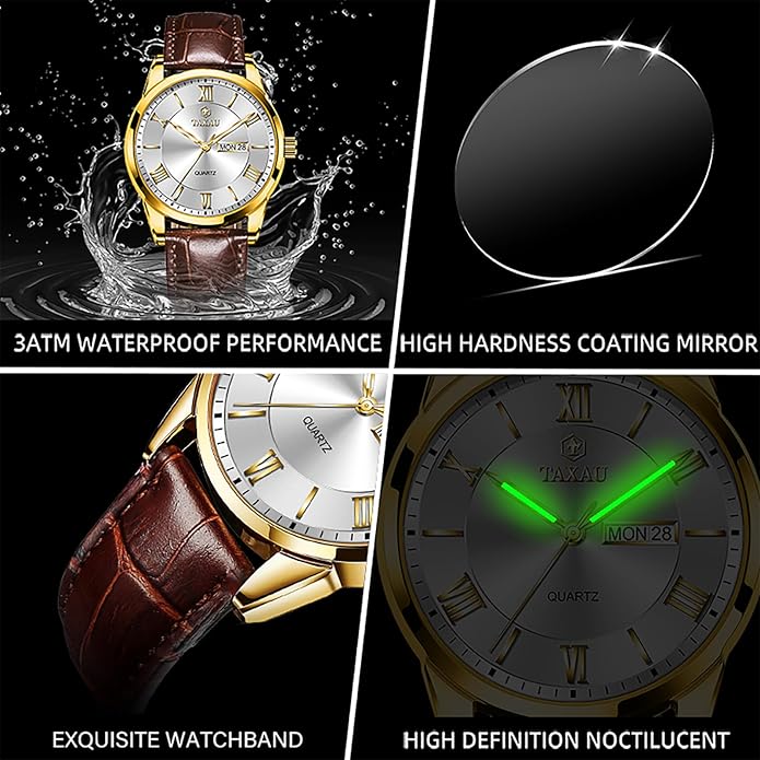 Mens Watches Luxury Dress Waterproof Leather Watch with Date Day Analog Quartz Large Number Wrist Watch Casual Classic Luminous Scales Big Face Easy Read Reloj para Hombre