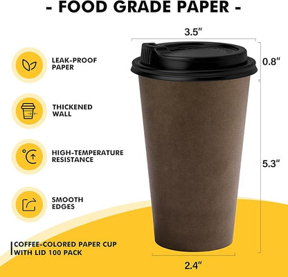 16 oz Disposable Coffee Cups with Lids 100 Pack, Hot Paper Coffee Cups with Lids, To Go Cup with Lid