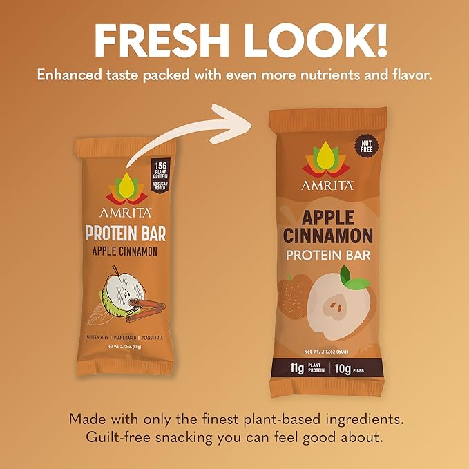 Amrita Nut Free Apple Cinnamon Vegan Protein Bars (12 Count) | 11g Plant-Based Protein Bar | Peanut Free, Gluten Free, and Dairy Free | Low Sugar, High Fiber, Healthy School-Safe Snacks