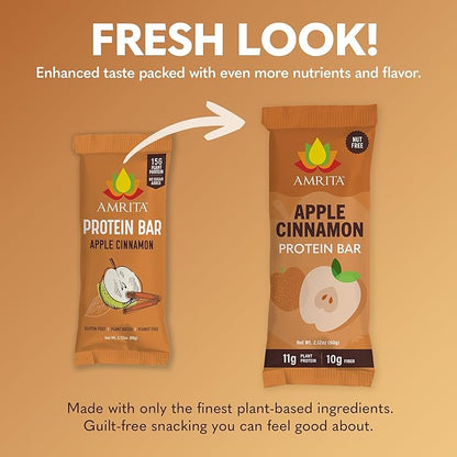 Amrita Nut Free Apple Cinnamon Vegan Protein Bars (12 Count) | 11g Plant-Based Protein Bar | Peanut Free, Gluten Free, and Dairy Free | Low Sugar, High Fiber, Healthy School-Safe Snacks