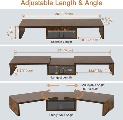 TEAMIX 3 Shelf Monitor Stand Riser With Drawer - Length and Angle Adjustable Dual Riser With Storage Corner Desk Shelf Organizer Large Computer Stand for 2 Monitors/Laptop (Brown, 1 Drawer)