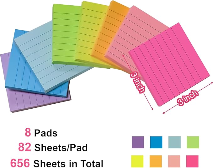 Lined Sticky Notes 3x3 in, 8 Pack Super Sticking Power Self-Stick Note Pads Bright Colors for Home, Office, School