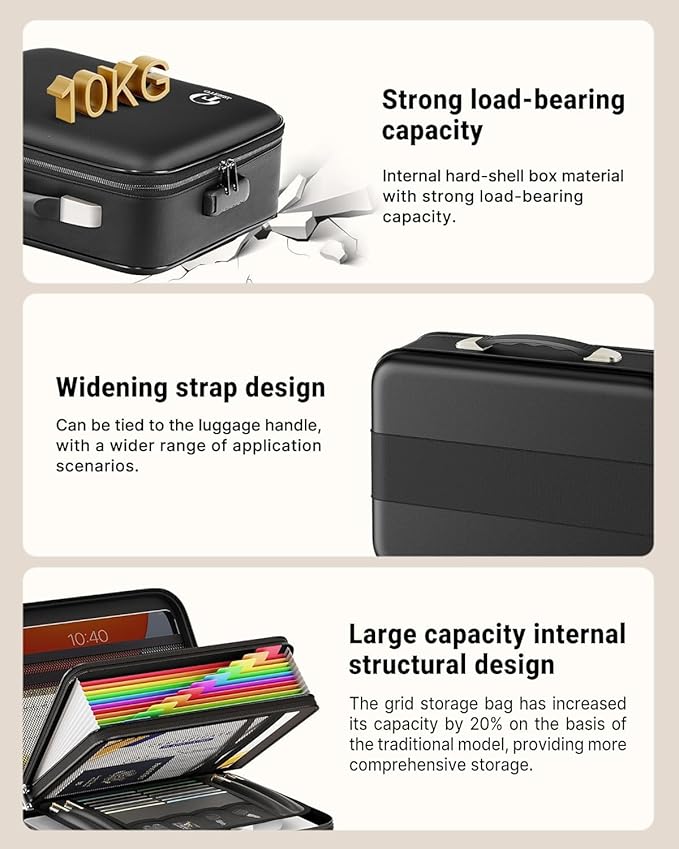 Oterri Fireproof Document Box,Hard Case Safe box with Lock,Upgraded 8 Layers Large File Organizer,Water Resistant Safe for Important Documents, Certificates, Laptop, Passports - File Box in Black