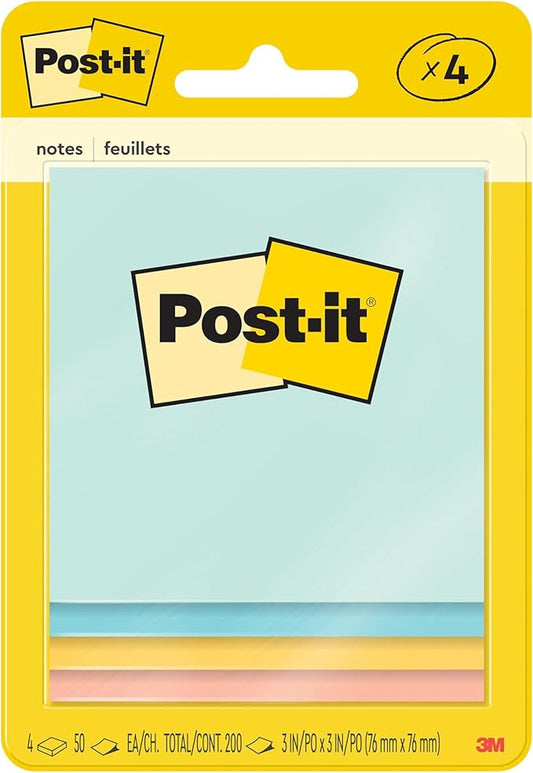 Post-it Notes, 3x3 in, 4 Pads, America's #1 Favorite Sticky Notes, Beachside Café Collection, Pastel Colors (Pink, Mint, Yellow), Recyclable (5401)