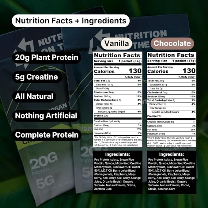 Vegan Protein Powder Packets with Creatine – 20g Plant Proteins + 5g Creatine – Single-Serve Travel Protein Powder – All-Natural, Gluten-Free – Variety Pack (Vanilla & Chocolate) – 60-Pack