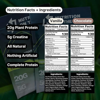 Vegan Protein Powder Packets with Creatine – 20g Plant Proteins + 5g Creatine – Single-Serve Travel Protein Powder – All-Natural, Gluten-Free – Variety Pack (Vanilla & Chocolate) – 60-Pack