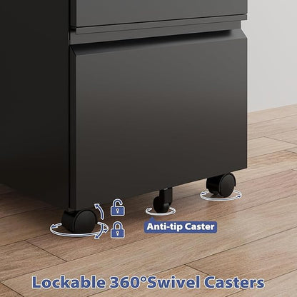 3 Drawer File Cabinet with Lock,Mobile Filing Cabinets,Metal Small Rolling File Cabinet,Drawers for Under Desk for Legal/Letter/A4 File, Assembly Required,Black