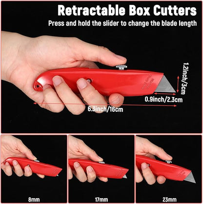20 Pcs Retractable Utility Knife Box Cutter Aluminum Alloy Carpet Knife Heavy Duty Utility Knives Sharp Razor Blade for Cardboard Box Cartons Opener DIY Home Office (Red)