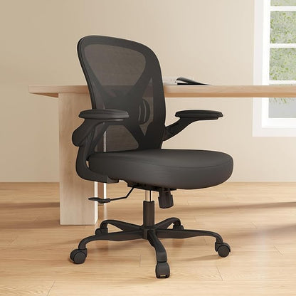 ZZH Mesh Office Chair with Adjustable Lumbar Support and Flip-up Arms, Ergonomic Home Office Desk Chair with Wheels, Black