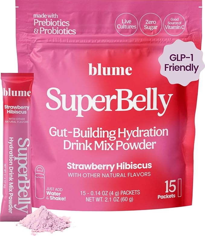 Blume SuperBelly Gut Health and On-The-Go Hydration Packets, GLP-1 Friendly, Sugar-Free, with Prebiotics, Probiotics, Apple Cider Vinegar, Vitamin C, and Electrolytes, Strawberry Hibiscus, 15 Sticks