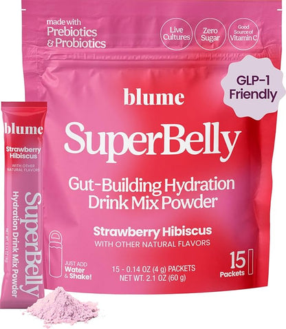 Blume SuperBelly Gut Health and On-The-Go Hydration Packets, GLP-1 Friendly, Sugar-Free, with Prebiotics, Probiotics, Apple Cider Vinegar, Vitamin C, and Electrolytes, Strawberry Hibiscus, 15 Sticks