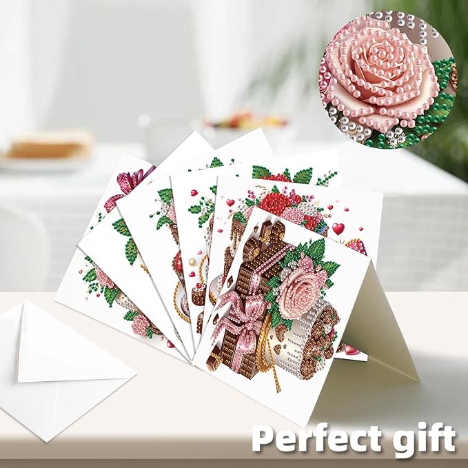 jinglinhh 12pcs Valentine's Day Diamond Art Painting Cupcake Rose Flower Butterfly Greeting Cards with Envelopes, DIY Card Making Kits for Adults, Diamond Art Birthday Holiday Cards Craft Gifts