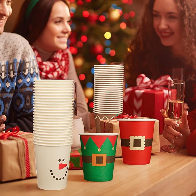 Funtery 100 Pieces Christmas Paper Cups Xmas Disposable Coffee Cups Snowflake Santa Snowman Elk Lights Christmas 9 Ounce Drinking Tea Paper for Daily Use Holiday (Bright Style)