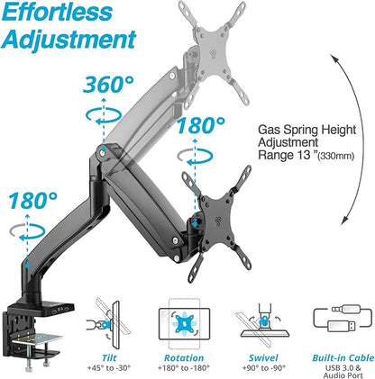 AVLT Single 17"-49" Super Ultrawide Monitor Arm for Screens Up to 50 lbs, Premium Aluminum Desk Stand, Adjustable Pneumatic Height, Full Motion Swivel Tilt Rotation, USB 3.0 & AUX Ports, Black