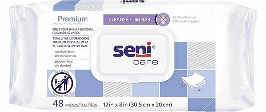 Seni Care Premium Plus Pre-Moistened Personal Cleansing Wipes for Large Surfaces (12" x 8"), 96 Count (2 Packs of 48 Wipes), Disposable