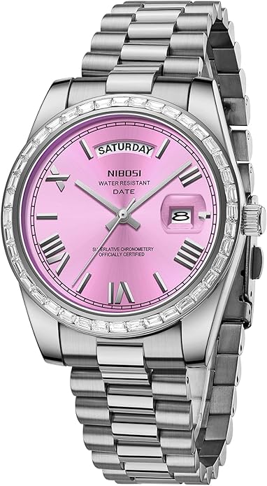NIBOSI Men's Watches Analog Quartz Diamond Bezel Stainless Steel Dial Rose Gold Silver Watches for Men Waterproof Business Classic Dress Wrist Watch with Day Date