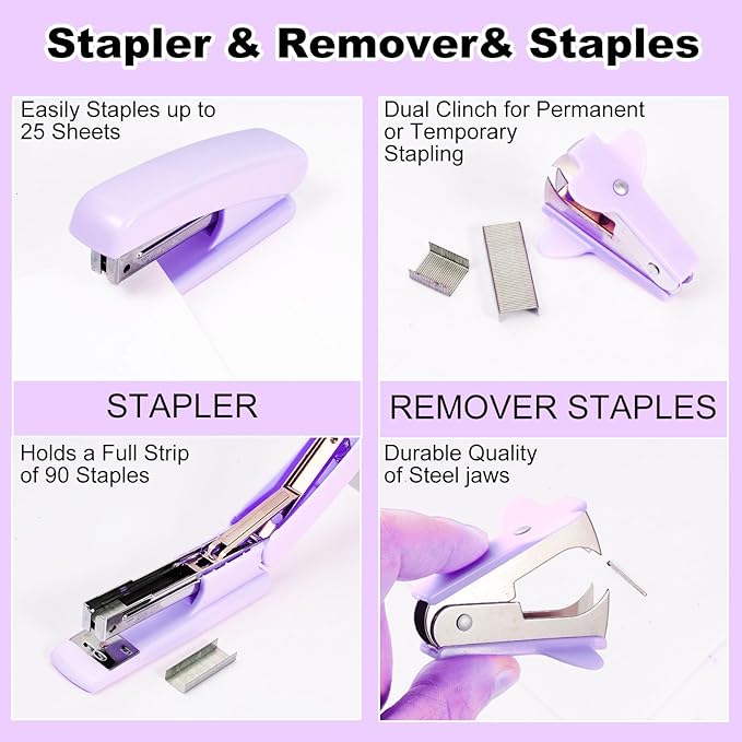 Desk Organizers and Accessories Set with 360-Degree Rotating Pen Holder, Tape Dispenser, Stapler, Staple Remover, 1000 Staples, Tape, Clips Set, Ruler, Scissor, Pen (Purple, 10 Pcs Set)