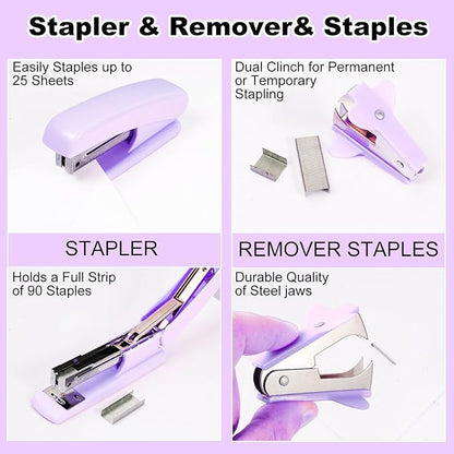 Desk Organizers and Accessories Set with 360-Degree Rotating Pen Holder, Tape Dispenser, Stapler, Staple Remover, 1000 Staples, Tape, Clips Set, Ruler, Scissor, Pen (Purple, 10 Pcs Set)