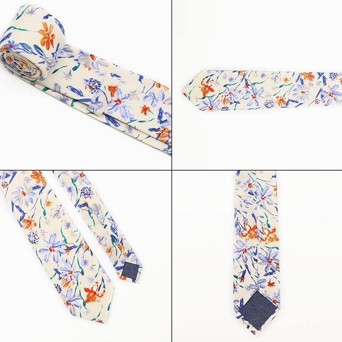 Cotton Floral Ties for Men 2.76" Men's Skinny Tie Linen Flower Printed Neck Tie for Wedding Dating Party