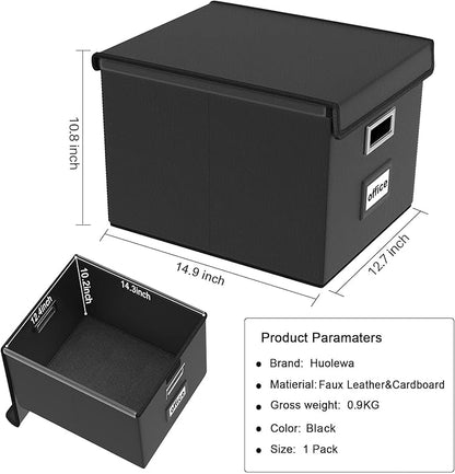 Huolewa File Organizer Box with Lid, Collapsible Faux Leather Hanging File Folder Box Organizer with Plastic Slides, Decorative Home/Office Filing System Boxes for File and Folders Storage