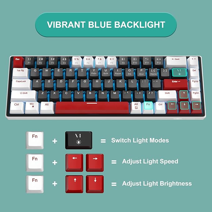 MageGee 60% Mechanical Gaming Keyboard, 68 Keys Compact Blue LED Backlit Gaming Keyboards, SKY68 Wired Ergonomic Mini Office Keyboard for Windows PC Gamer (Red Switch, White & Black)