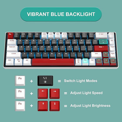 MageGee 60% Mechanical Gaming Keyboard, 68 Keys Compact Blue LED Backlit Gaming Keyboards, SKY68 Wired Ergonomic Mini Office Keyboard for Windows PC Gamer (Red Switch, White & Black)