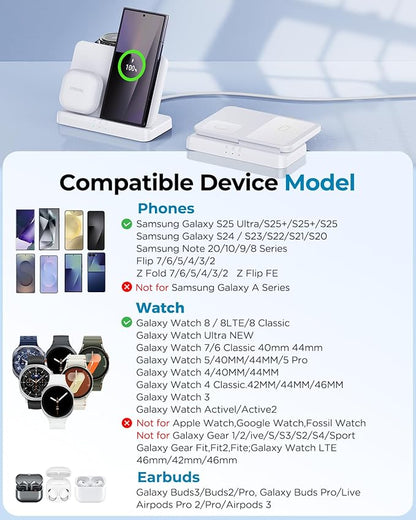 EGV Wireless Charger for Samsung – 3 in 1 Wireless Charging Station for Galaxy S26 Ultra S25 S24, Z Fold Flip 7/6, Detachable Watch Charger for Galaxy Ultra 8/7/6, Foldable, Fast Charging, White