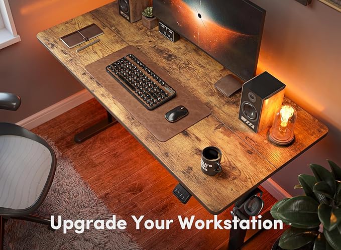 FEZIBO Standing Desk, 55 × 24 Inches Electric Height Adjustable, Sit Stand Up Desk, Home Office Desk with Splice Board, Black Frame/Rustic Brown TOP