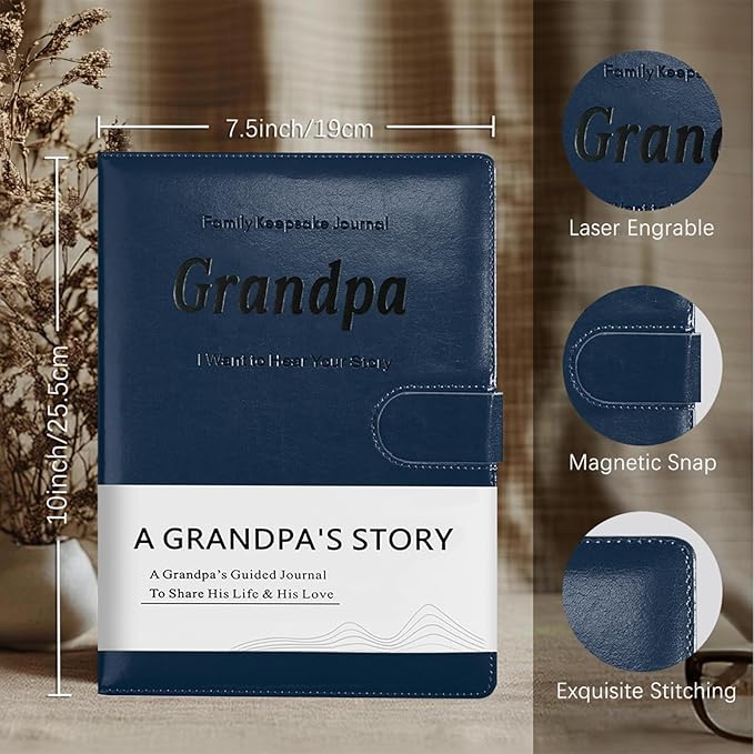 Artmag Grandpa's Life Story Journal with 250+ Prompt Questions, Family Keepsake Book Leather Cover for Grandpa to Share His Memories for Birthday Father's Day Christmas (Blue)