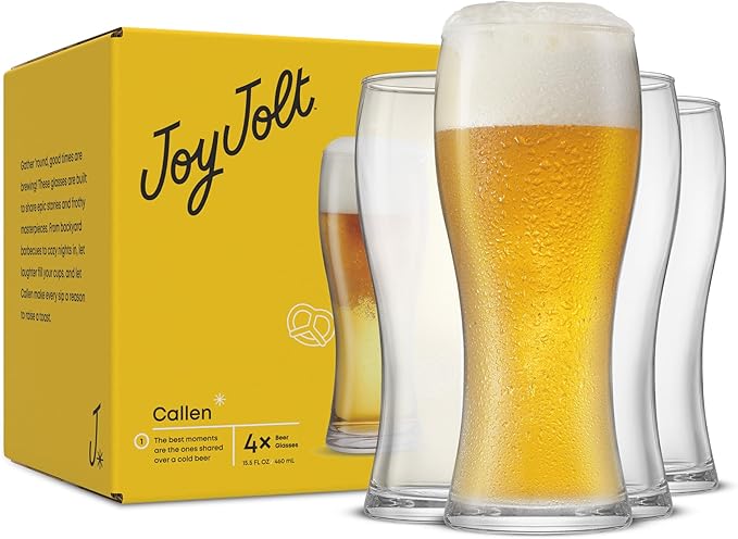 JoyJolt Callen 15.5oz Beer Glasses Set of 4 Beer Pint Glass. Craft Beer Glass, Pilsner Glasses, IPA Beer Glass. Solid Glassware Beer Cup. Classic Beer Gifts, Beer Cups, Mugs and Beer Glasses for Men