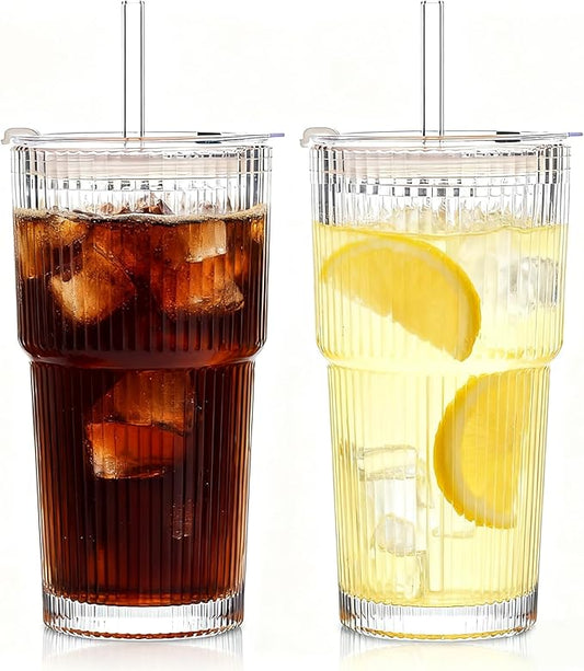 20oz Ribbed Glass Cups with Lids and Straws - 2PCS Glassware Set, Tumbler with Straw and Lid Iced Coffee Cups for Juice, Bubble Tea, Cold Brew, Soda