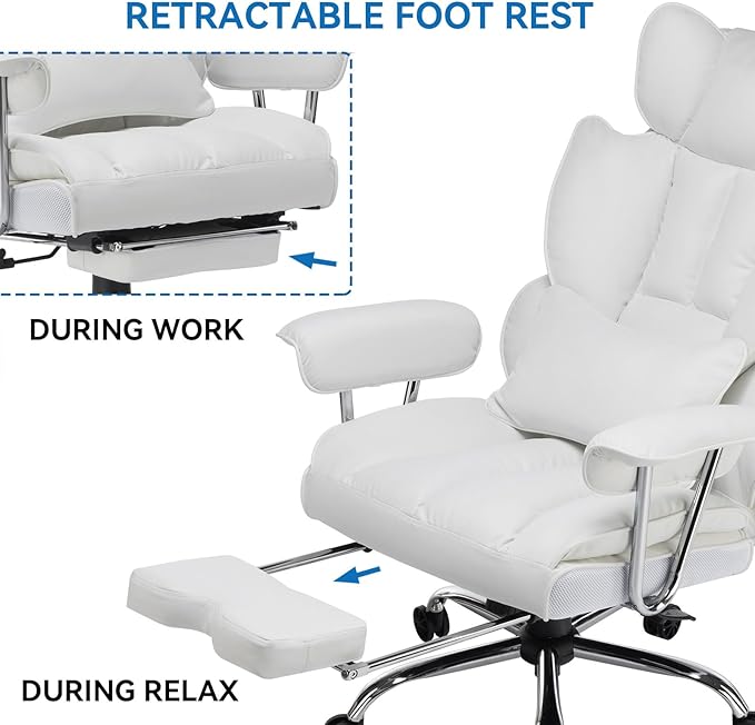 Efomao Big and Tall Office Chair 400lbs – PU Leather Executive Office Chair with Lumbar Support & Leg Rest, Heavy-Duty Computer Chair for Home Office, White