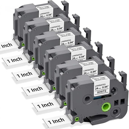24mm 0.94 TZ Tape Compatible with Brother TZe-251 P Touch Label Maker Tape 1”Laminated Black on White for Ptouch PT D610BT P710BT D600 700 P750W E510VP E560BTVP Refills, 24 mm x 8m, 6-Pack