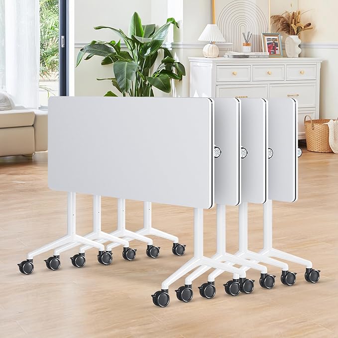 Conference Room Table, 55 Inch Folding Conference Tables with Wheels, Modern Office Meeting Table, Easy Flip & Nest Design, Rectangular Seminar Tables with Metal Frame for 2-24 People(A 4PCS)