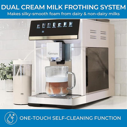 Kenmore Fully Automatic Espresso Machine – Programmable Coffee Machine With Integrated Bean Grinder, Milk Steamer, Frother, Descaler, Barista Cappuccino, Latte, Americano Brewing System, White
