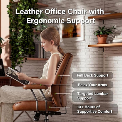 Brown Leather Office Desk Chair with Wheels, Quiet Casters, Height Adjustable, Padded Arms, Vintage Mid Century Office Chair, Retro Style Desk Chair