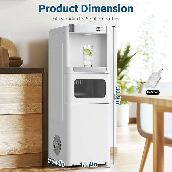 3 in 1 Water Cooler Dispenser with Ice Maker, Hot and Cold Water Dispenser for Home Office, 33lbs/24H, Top Loading 3 or 5 Gallon, Child Lock, Bullet Ice, White