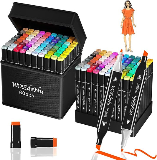 WOEden Alcohol Markers, 80 Colors Dual Tip Brush & Chisel Art Markers, Permanent Alcohol-Based Pens for Adult & Kids Coloring, Drawing, Sketching, Card Making