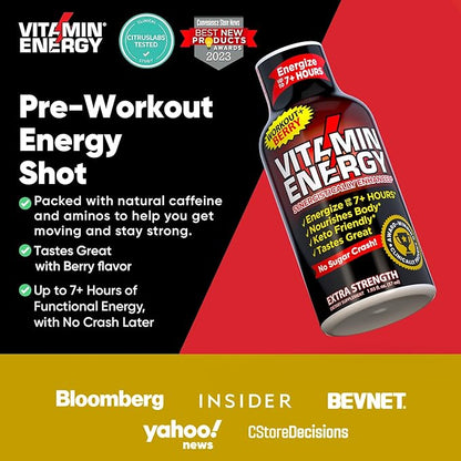 Vitamin Energy Workout+ Extra Strength Energy Shot Berry 8 Pack, 260mg Natural Caffeine, Pre-Workout, B-Vitamins, Minerals, Endurance & Performance, Zero Sugar, Gluten-Free, Vegan, 1.93 fl oz