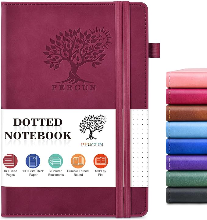 Dotted Journal Notebook for Men & Women, 160 Pages Dot Grid notebook for Note Taking, Bullet Journaling Notebook for Work, School, Travel, Writing,A5 Hardcover 5.9" x 8.5" (Burgundy)