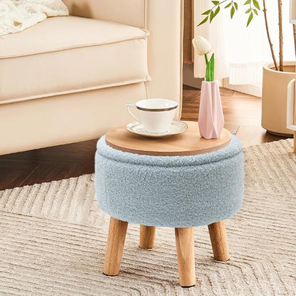 Poofzy Small Ottoman with Storage, Small Foot Stool Ottoman with Wood Legs, Sherpa Foot Rest for Couch, Living Room and Bedroom - Light Blue