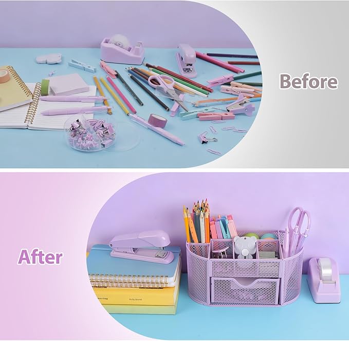 Office Supplies for Desk,14pcs Purple Desk Sets and Accessories, Office Supply Kit with Mesh Desktop Organizer and Stapler,Staple Remover, Staples,Tape Dispenser,Sticky Tabs,Scissors, Ruler