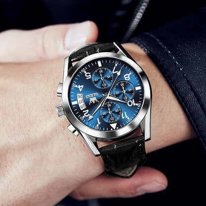 OLEVS Men's Chronograph Leather Watch, Big Face Easy to Read Analog Quartz Dress Watch, Casual Waterproof Luminous Hands Date Watches for Men, White/Blue/Black/Gold Dial