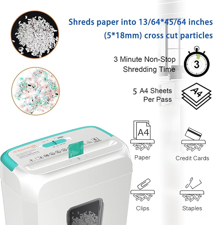 Bonsaii 5-Sheet Crosscut Shredder, Perfect for Home or Office Use, Shreds Paper, Credit Cards, Staples & Clips, 3.4-Gallon Bin, White/Blue