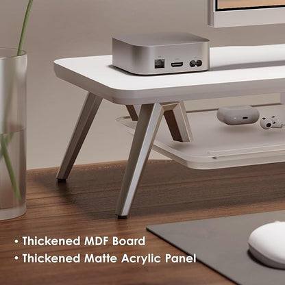 Fenge Dual Monitor Stand for Desk, 2 Tiers Monitor Riser with Acrylic Shelf, 42.5 Inch Wood and Aluminum Desk Shelf with Phone and Tablet Holder