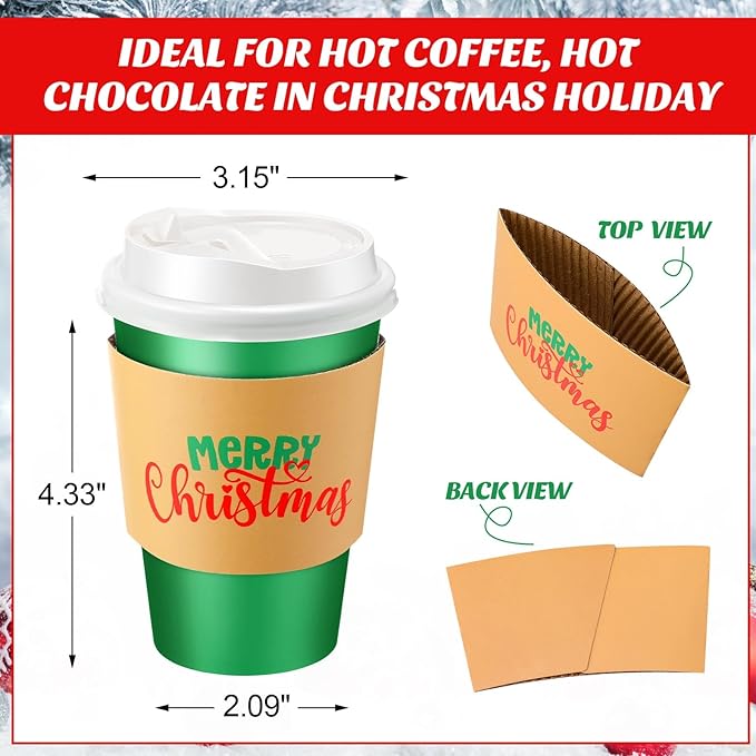 48 12 oz Christmas Cups with Lids and Coffee Cup Sleeves Bulk Red Green Disposable Christmas Paper Coffee Cups for Beverage Chocolate Tea Cocoa Xmas Holiday Table Decorations Party Favors