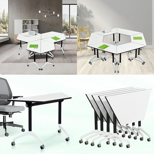 Folding Conference Table,Modular Conference Room Tables with Silent Wheels,Durable White Meeting Table Flip Top Mobile Training Table,Modern Seminar Boardroom Tables for Office Conference Room (6pcs)
