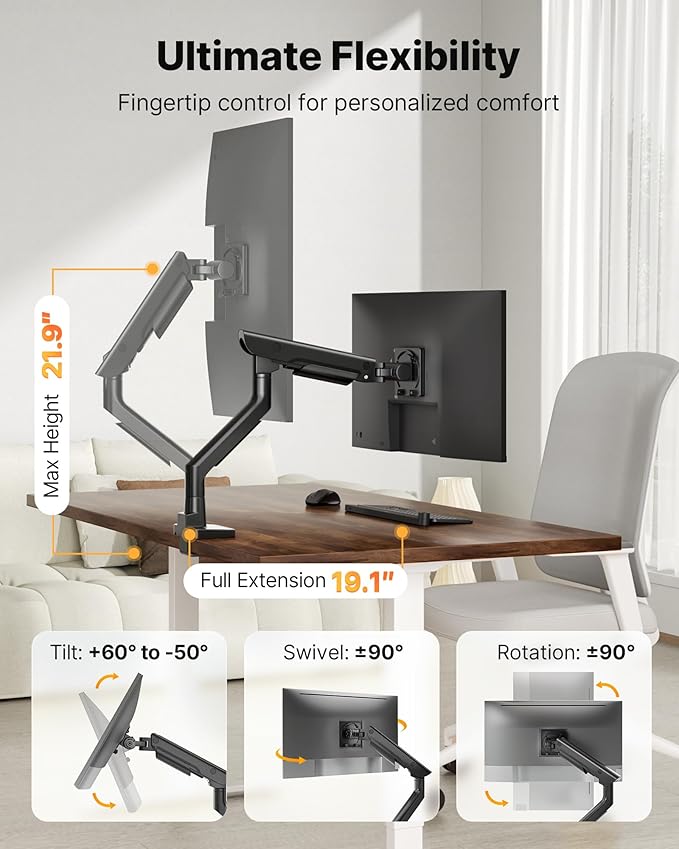 monTEK Sleek Aluminum Monitor Arm for 17–57” Ultrawide Screens up to 59 lbs, USB 3.0 A/C, Heavy Duty Single Monitor Arm Desk Mount, Pneumatic Lift, Quick-Release Plate, Clamp/Grommet, VESA 100x100