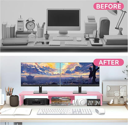 Dual Monitor Stand Riser with LED Lights, Large Monitor Stand for Desk, Computer Monitor Stand for 2 Monitors, Desk Shelf for Top of Desk, Desktop Organizer for Laptop, Printer, TV, Pink